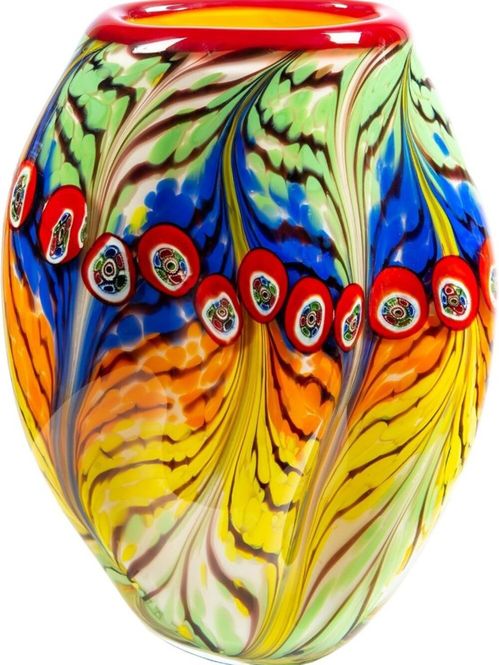 Hand Blown Art Glass Vase - Peacock Feather Design, Unique Home Decor Accent